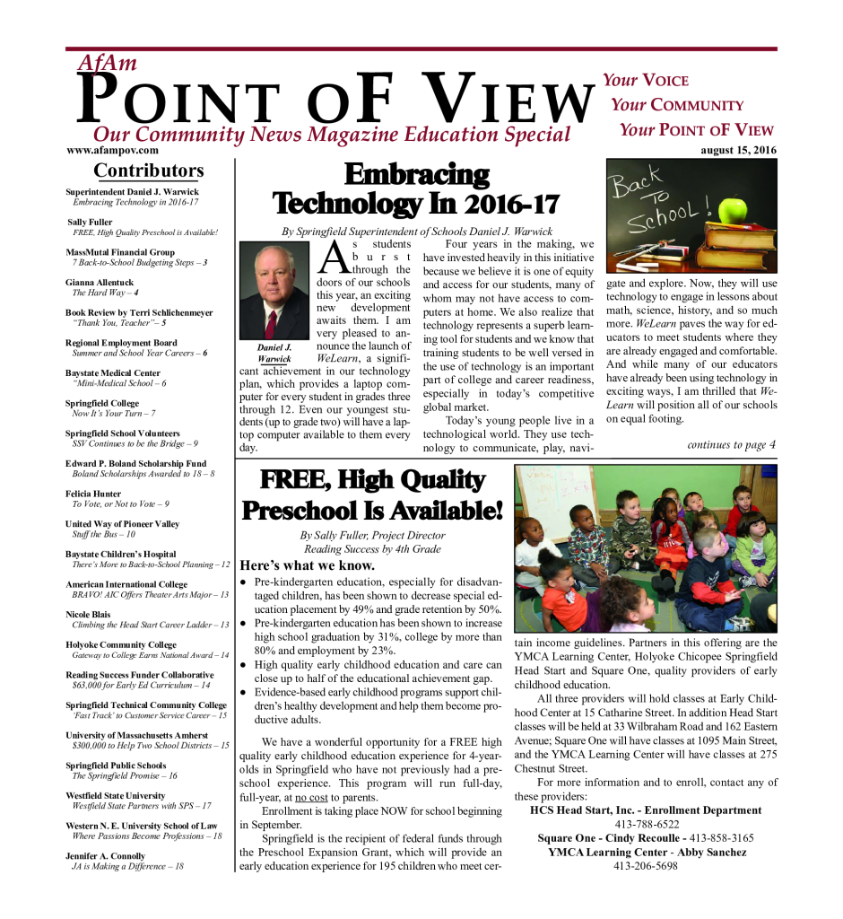 Cover of the Back to School – August 2016 issue of Af-Am Point of View News Magazine